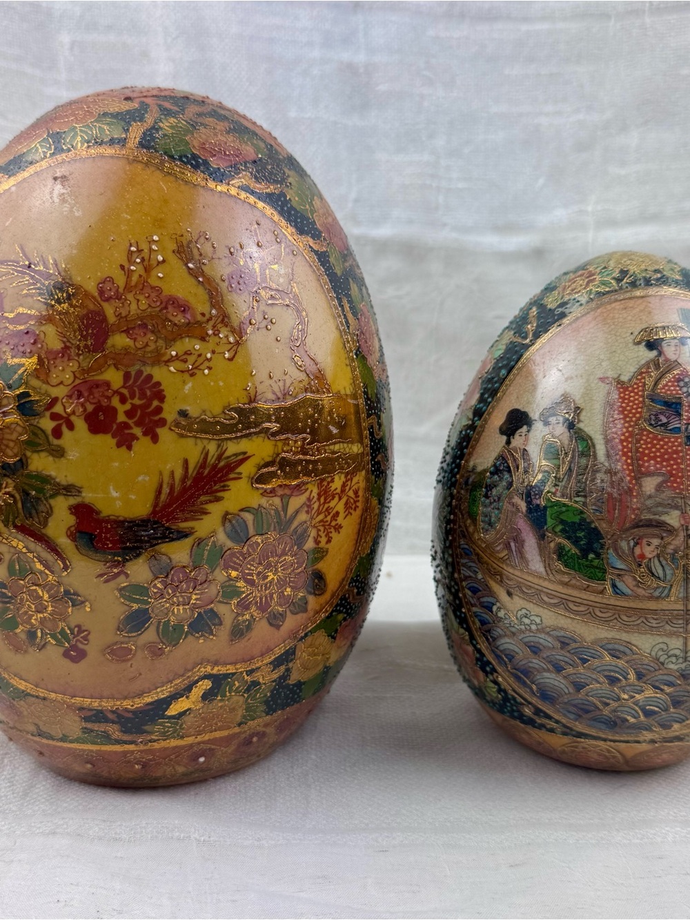Vintage Satsuma Moriage Style Porcelain Eggs Hand Painted Imagery and Gold Gilt